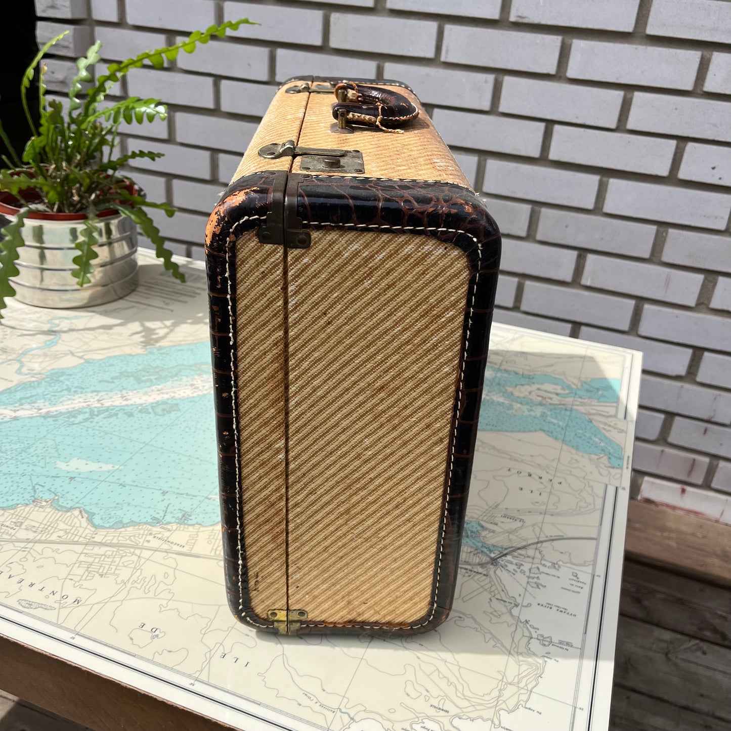 Vintage 40s Tweed JCE Suitcase with Leather Trimming