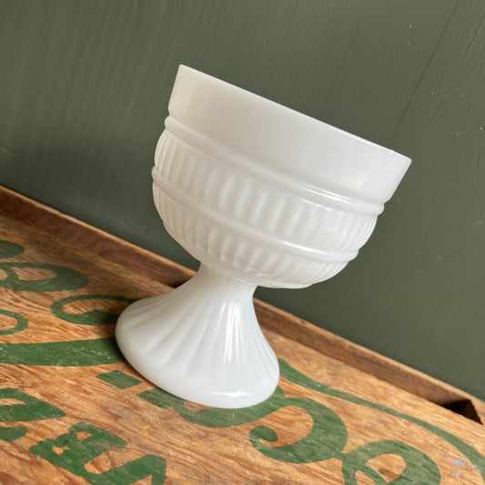 Vintage Ribbed Milk Glass Pedestal Vase / Planter
