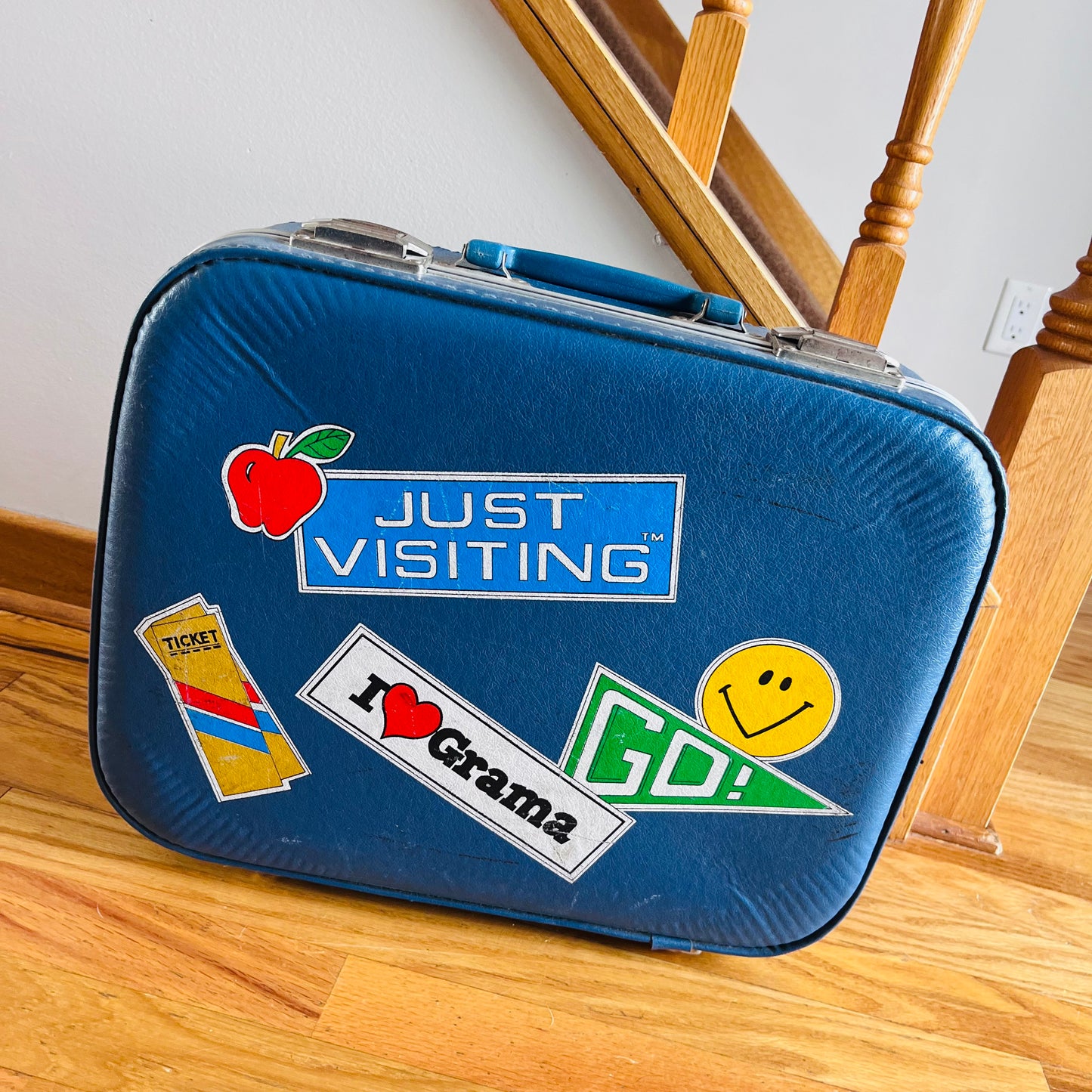 Vintage 70s Children's Blue Travel Suitcase with Decals