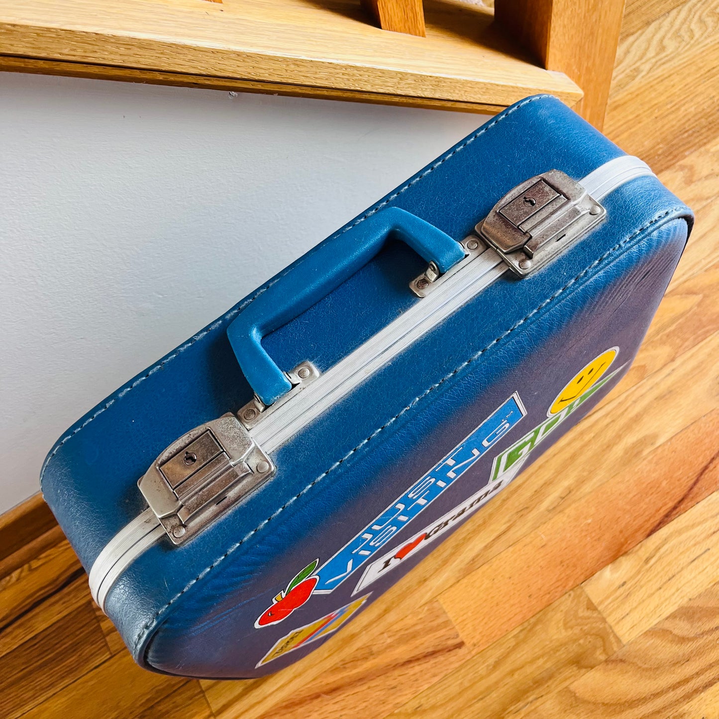 Vintage 70s Children's Blue Travel Suitcase with Decals