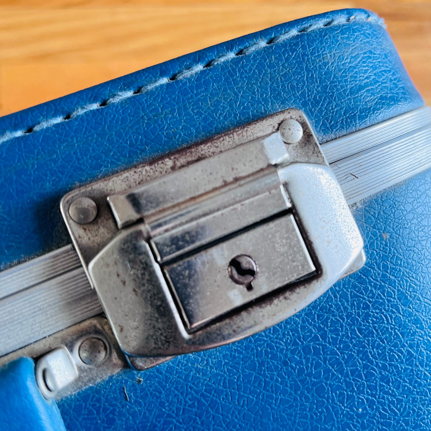 Vintage 70s Children's Blue Travel Suitcase with Decals