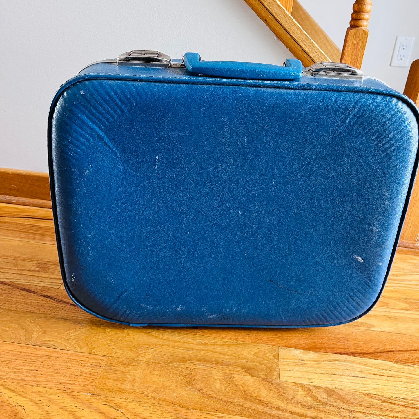 Vintage 70s Children's Blue Travel Suitcase with Decals