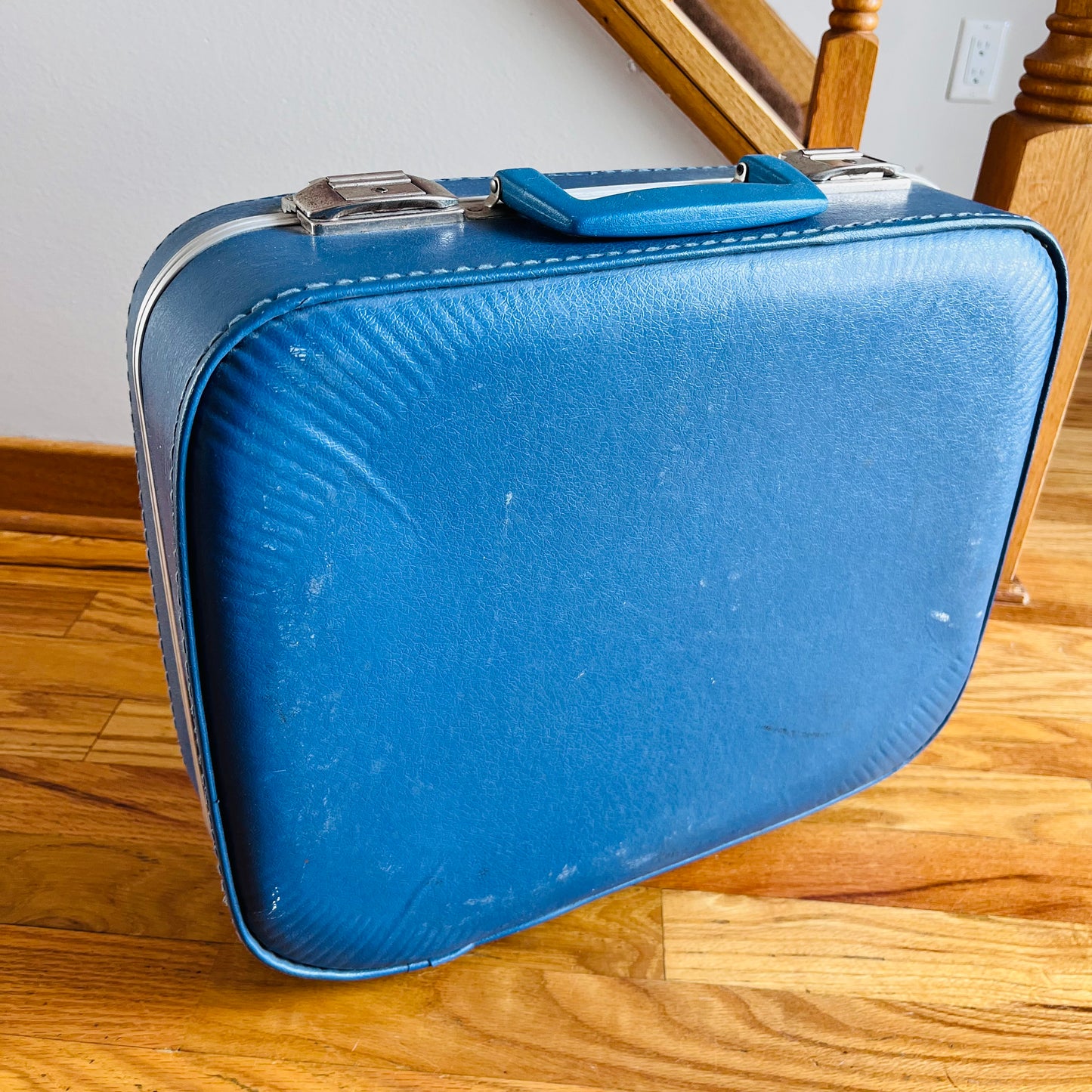 Vintage 70s Children's Blue Travel Suitcase with Decals