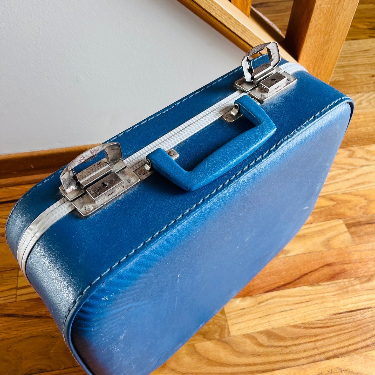 Vintage 70s Children's Blue Travel Suitcase with Decals