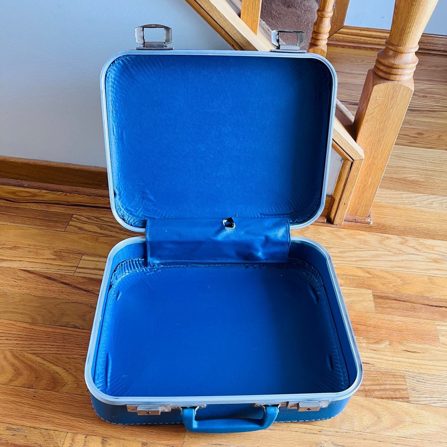 Vintage 70s Children's Blue Travel Suitcase with Decals