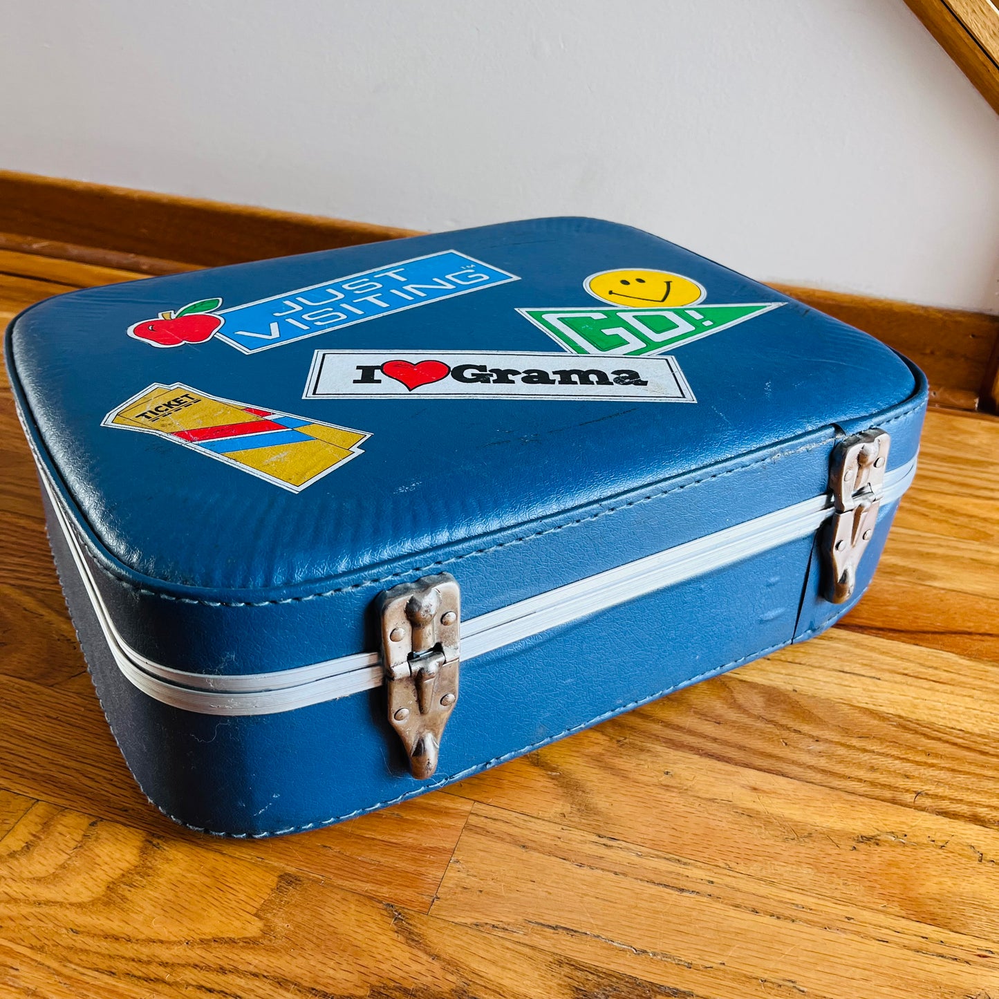 Vintage 70s Children's Blue Travel Suitcase with Decals