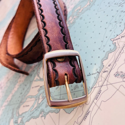 Vintage Brown and Brass Tooled Leather Belt