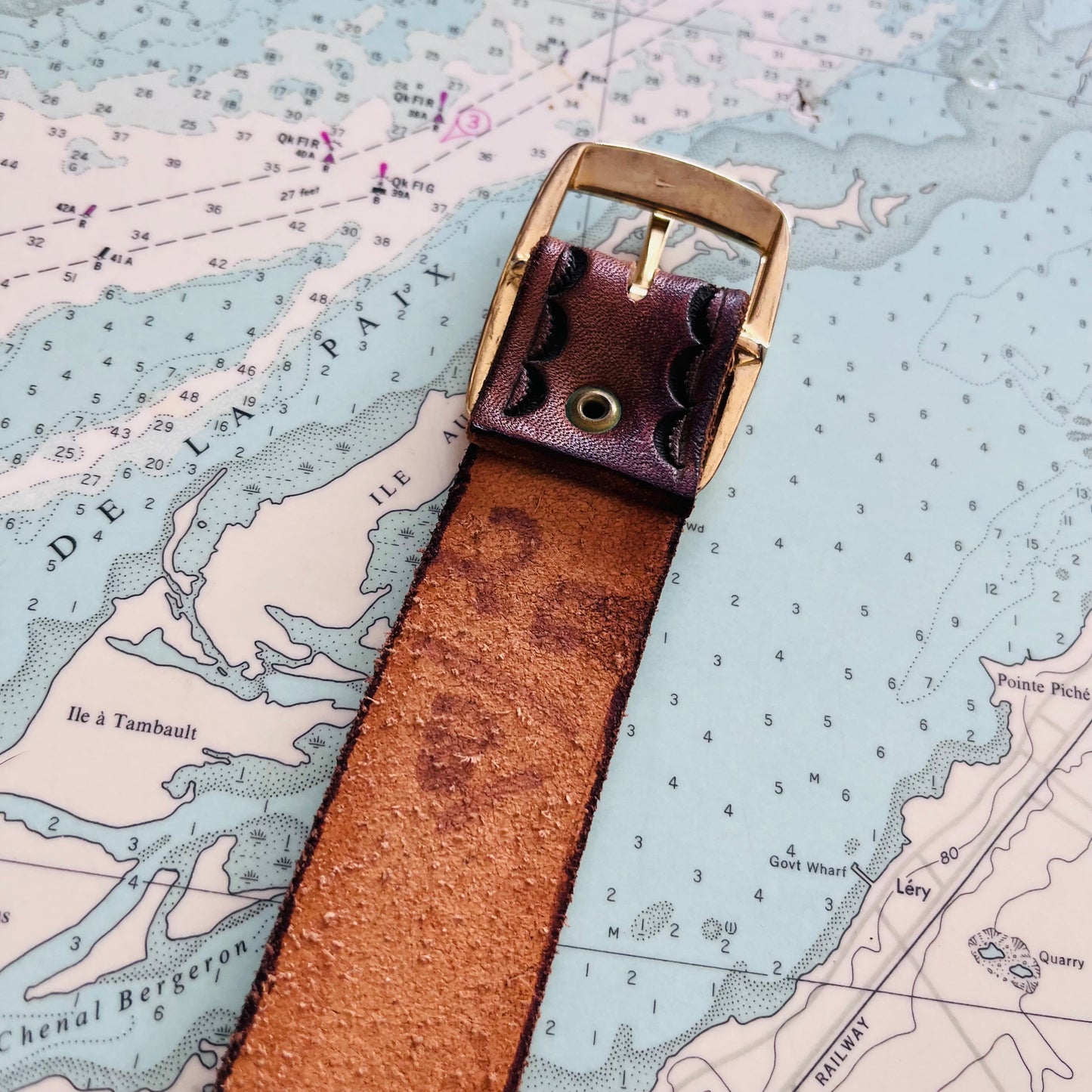 Vintage Brown and Brass Tooled Leather Belt