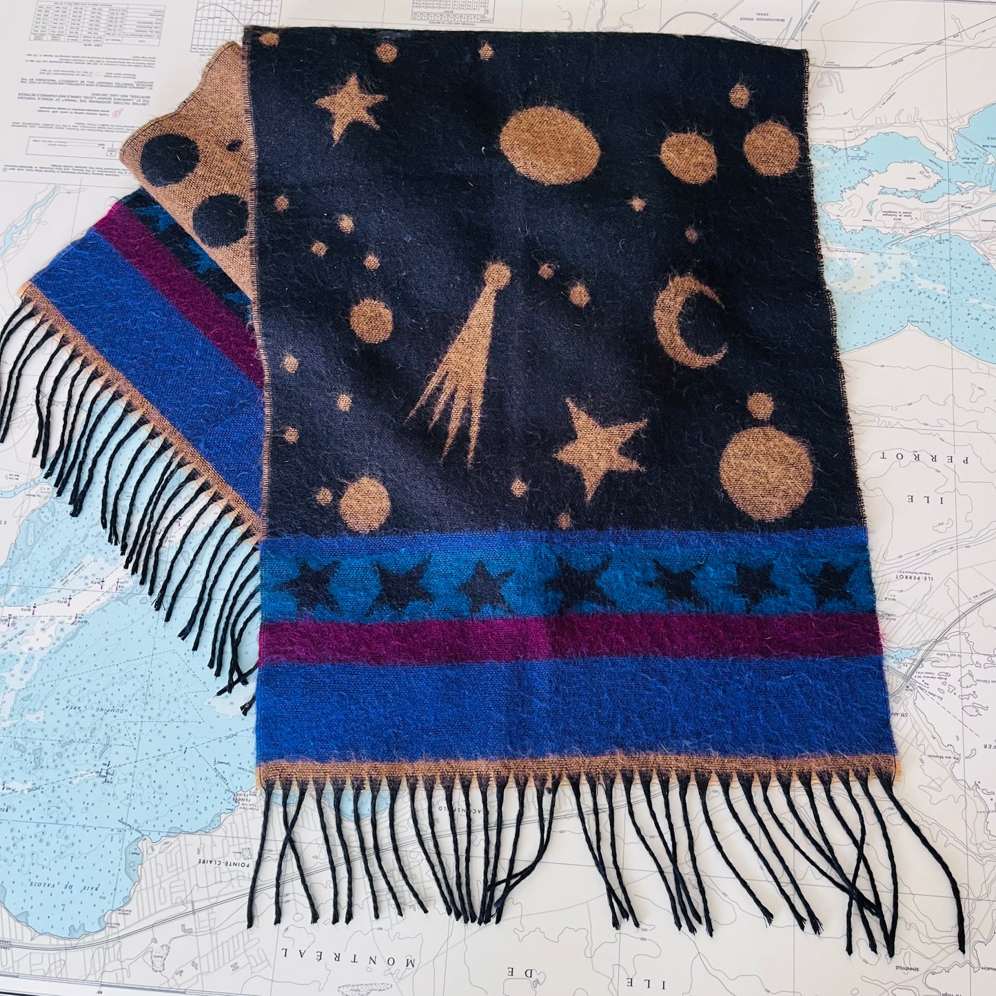 Vintage Celestial Moon & Stars Wool Scarf