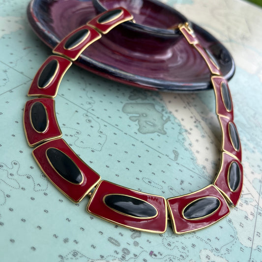 Vintage 80s Monet Gold Plated & Enamel Chunky Collar Necklace