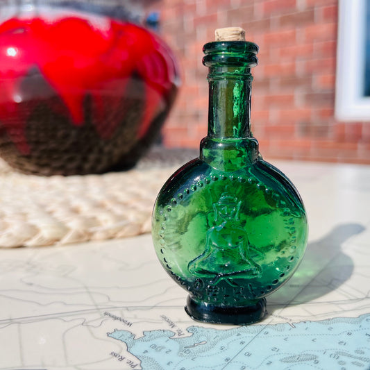 Vintage Miniature Embossed Green Glass Delhi Bottle with Cork