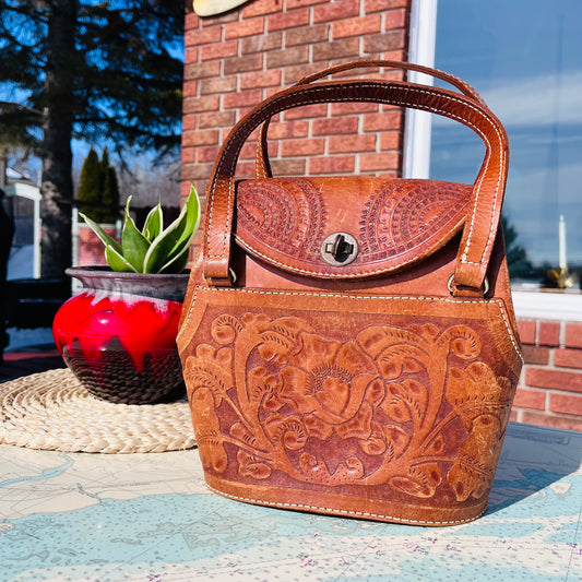 Vintage Floral Castro El Caballo Tooled Leather Bucket Bag