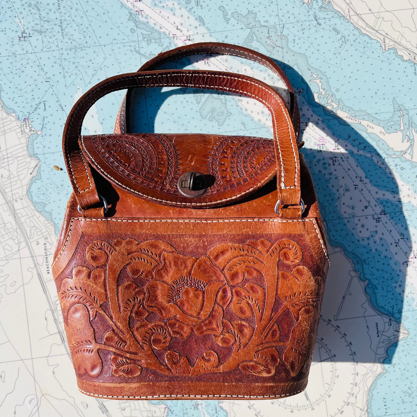 Vintage Floral Castro El Caballo Tooled Leather Bucket Bag
