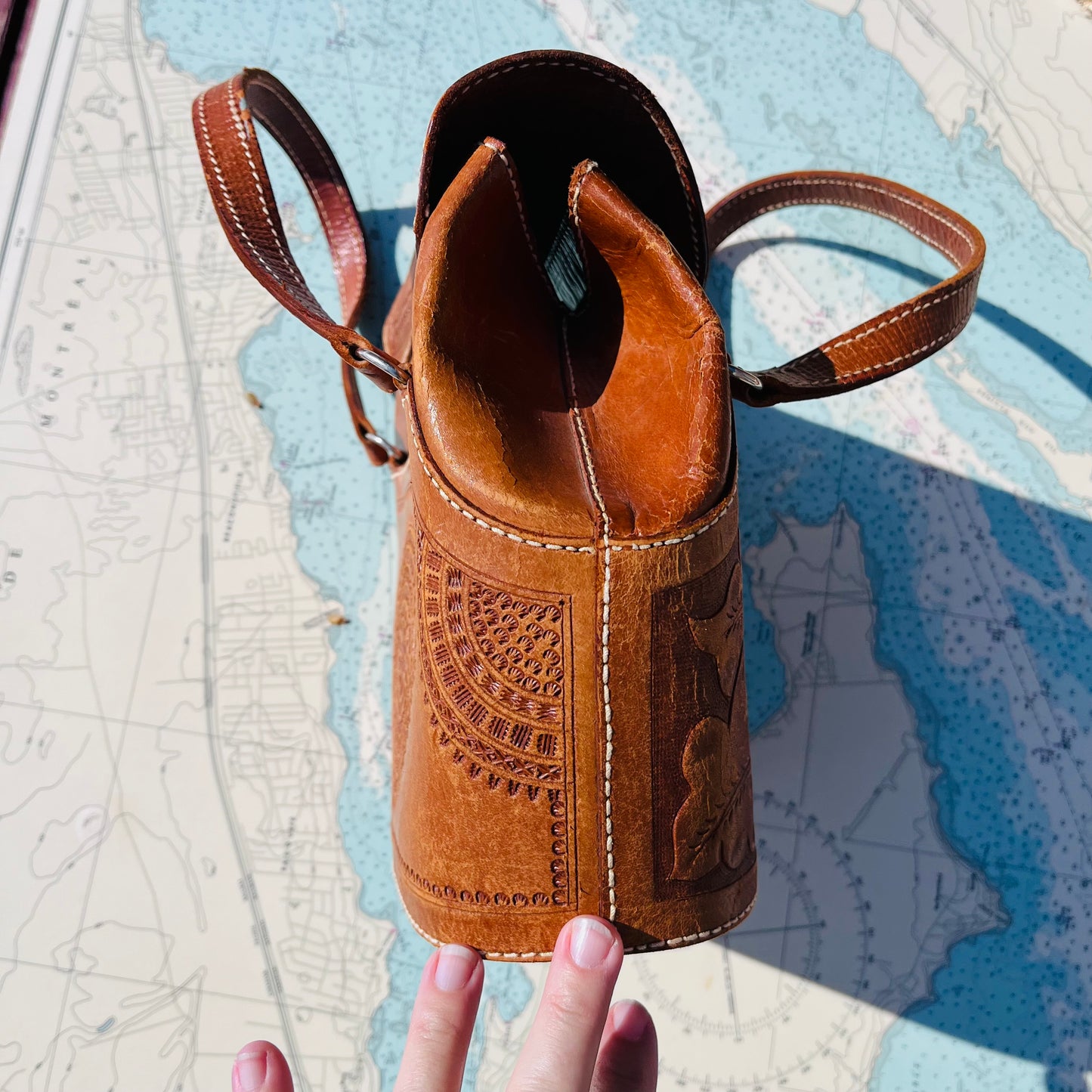 Vintage Floral Castro El Caballo Tooled Leather Bucket Bag