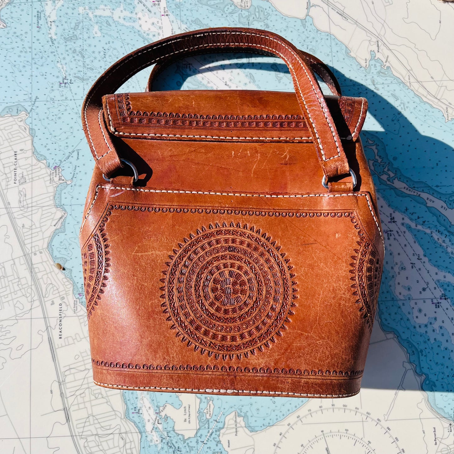 Vintage Floral Castro El Caballo Tooled Leather Bucket Bag