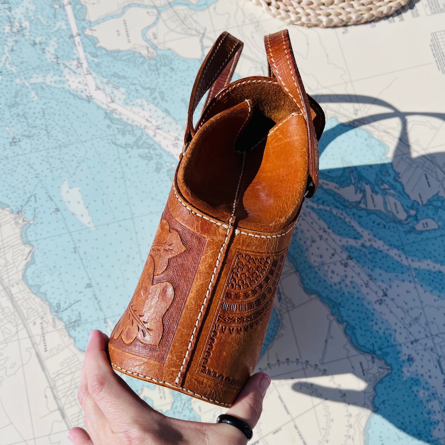 Vintage Floral Castro El Caballo Tooled Leather Bucket Bag