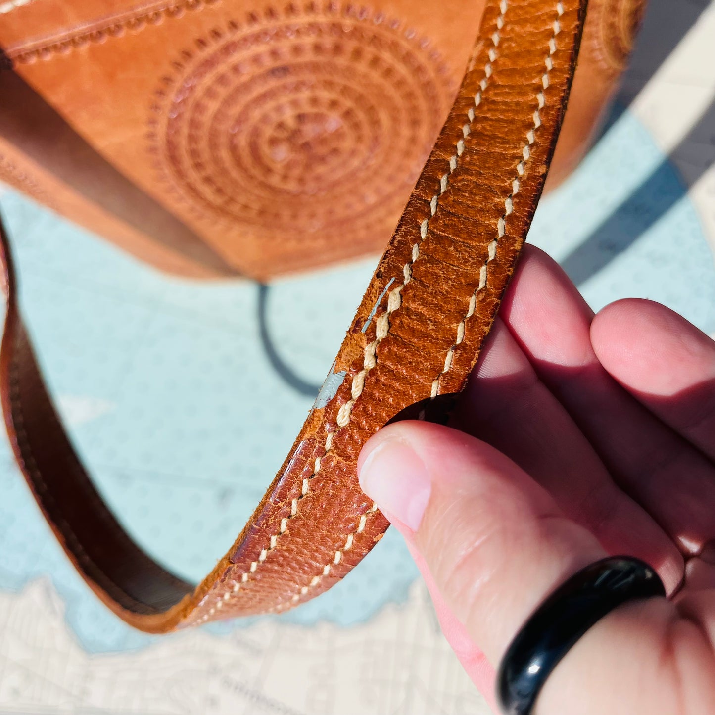 Vintage Floral Castro El Caballo Tooled Leather Bucket Bag