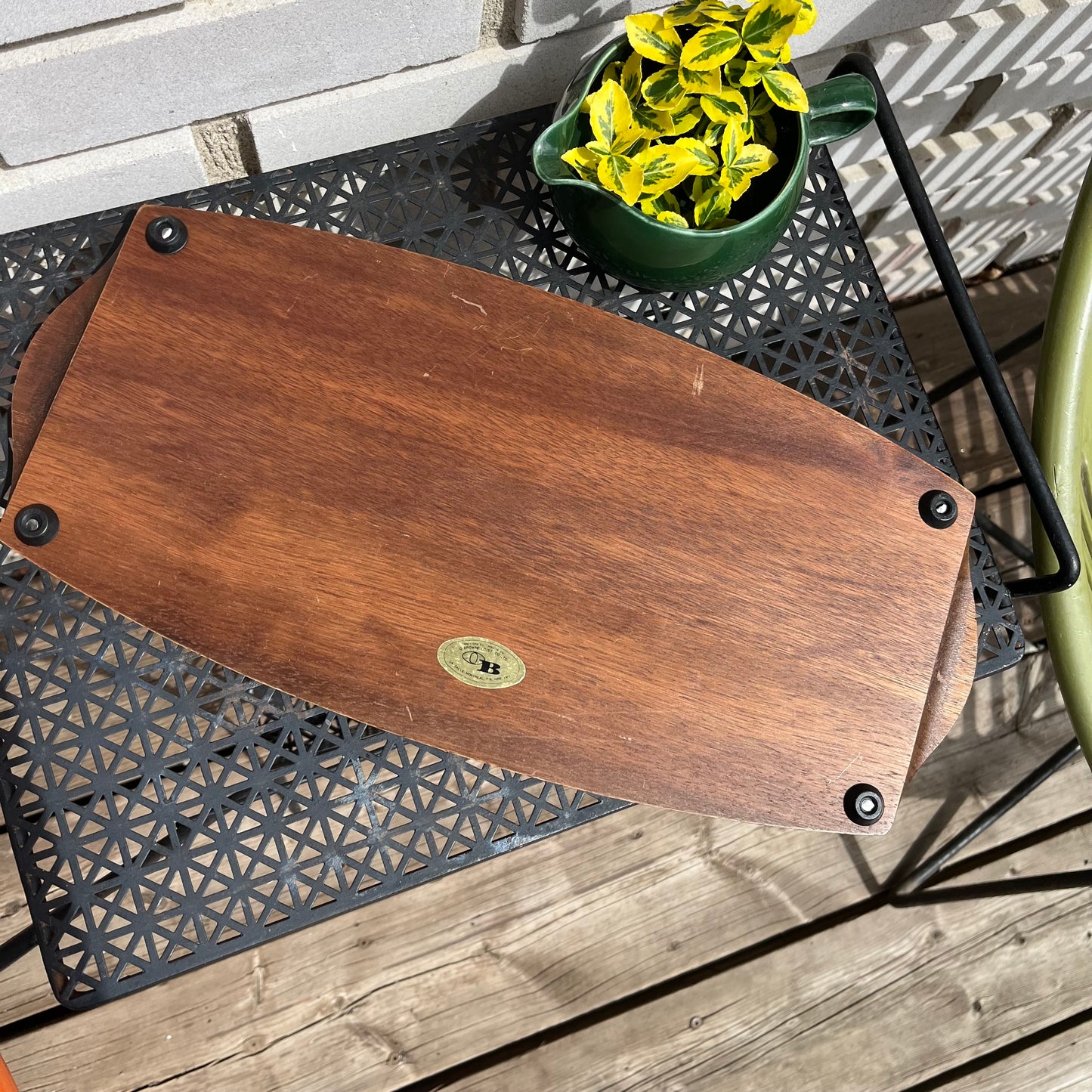 Vintage Funky Floral Wood and Ceramic Tile Cheeseboard with Knife