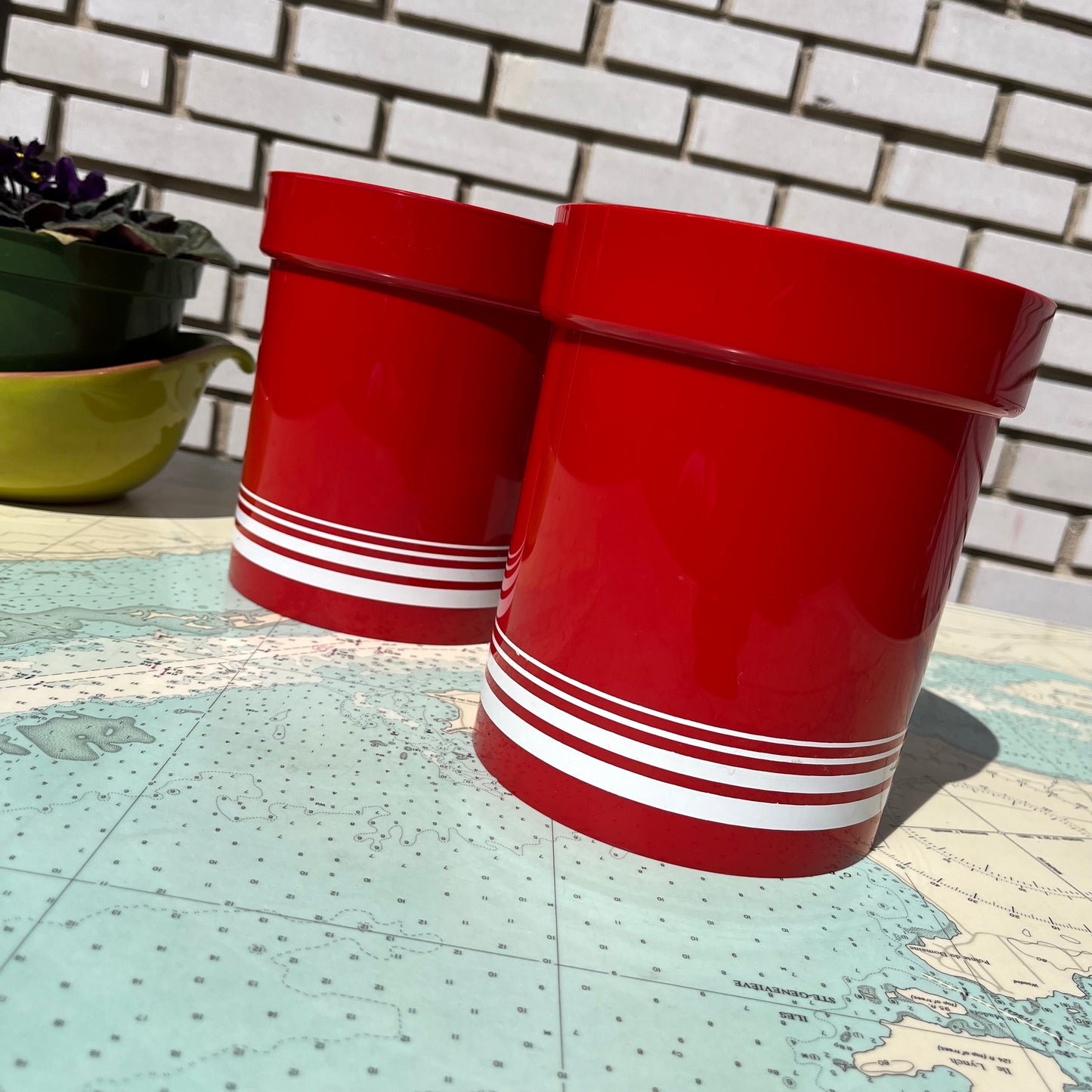 Vintage Erik Kold Plastic Retro Red Striped Canisters / Containers