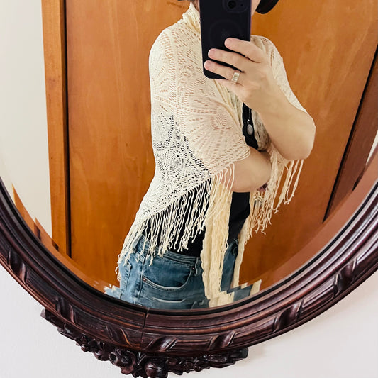 Vintage Knit Cream Shawl with Fringe