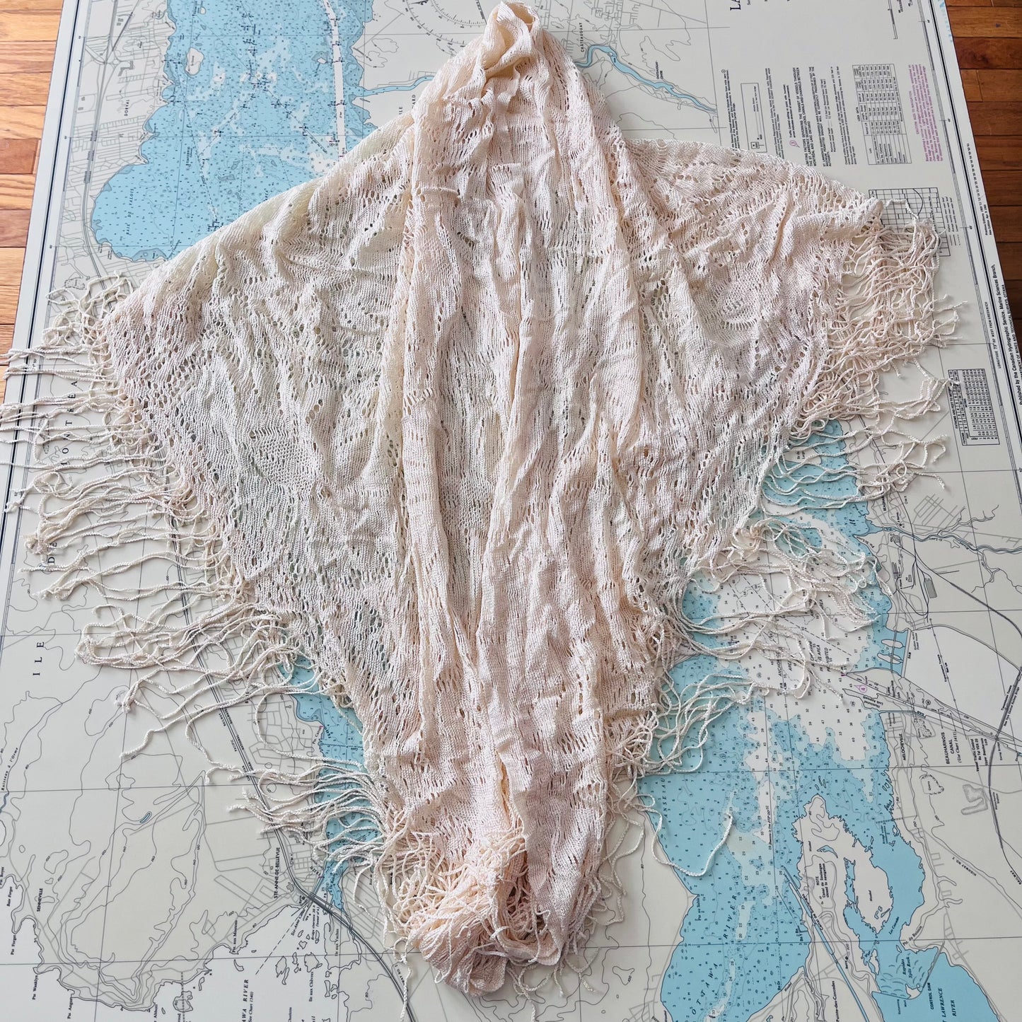 Vintage Knit Cream Shawl with Fringe
