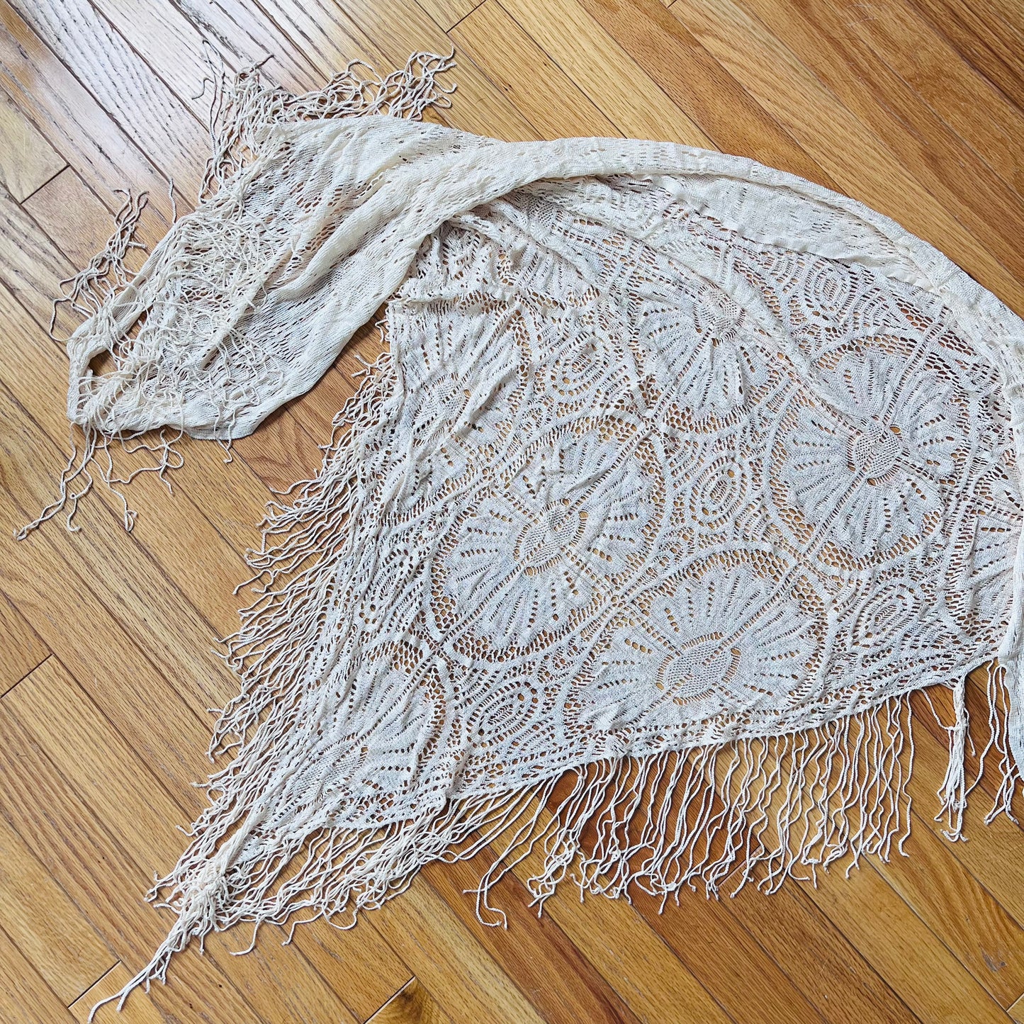 Vintage Knit Cream Shawl with Fringe