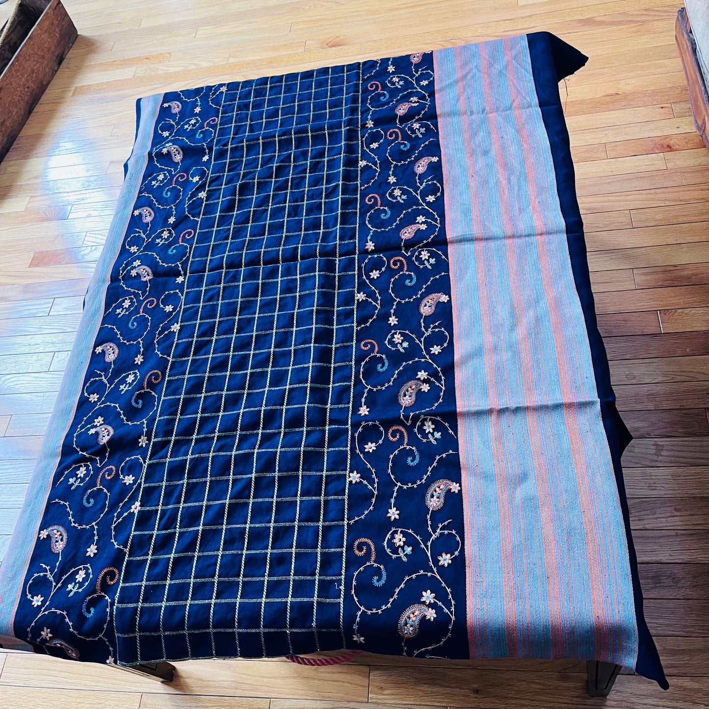 Navy, Gold and Orange Floral Embroidered Saree