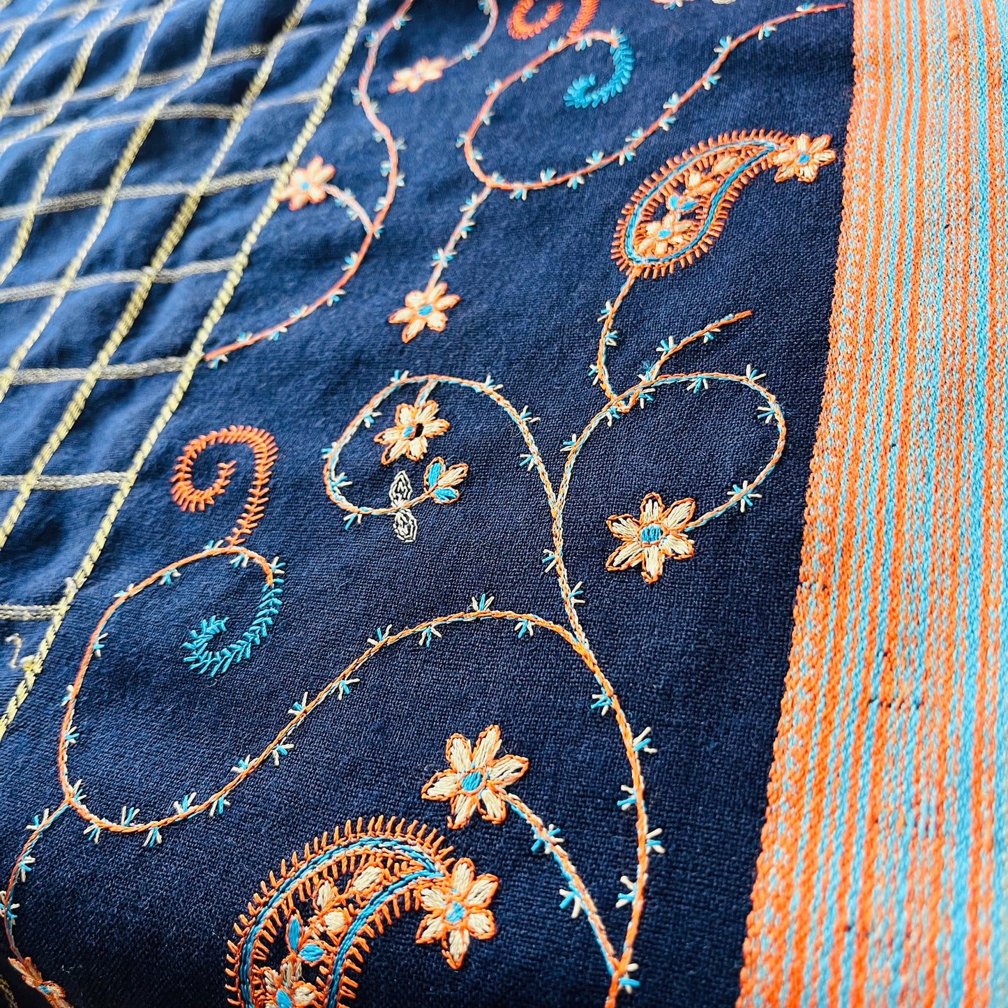 Navy, Gold and Orange Floral Embroidered Saree