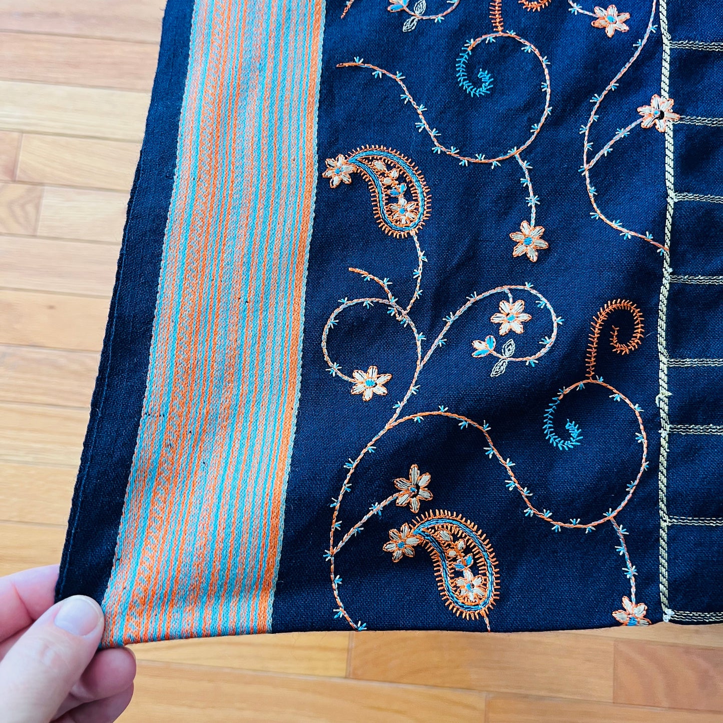Navy, Gold and Orange Floral Embroidered Saree