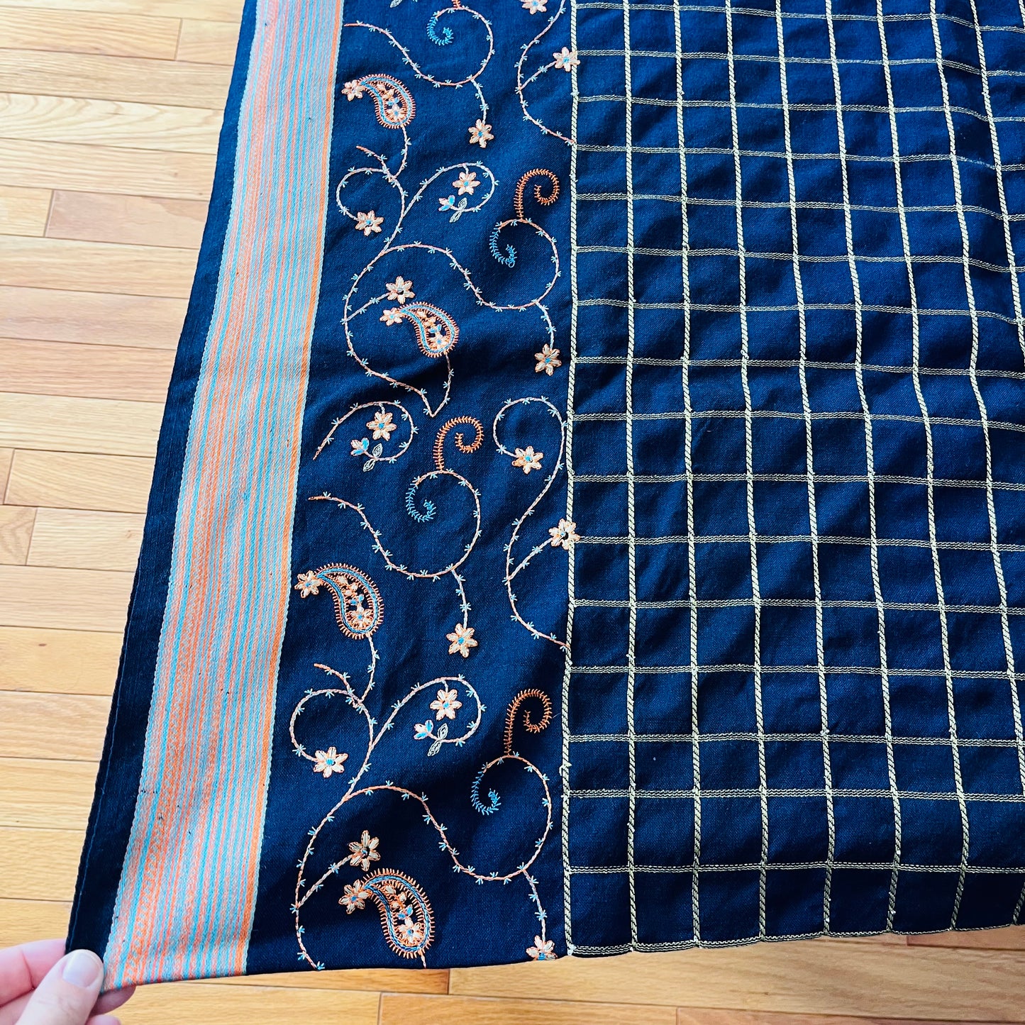 Navy, Gold and Orange Floral Embroidered Saree