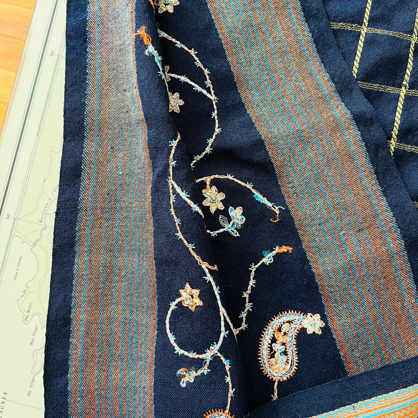 Navy, Gold and Orange Floral Embroidered Saree