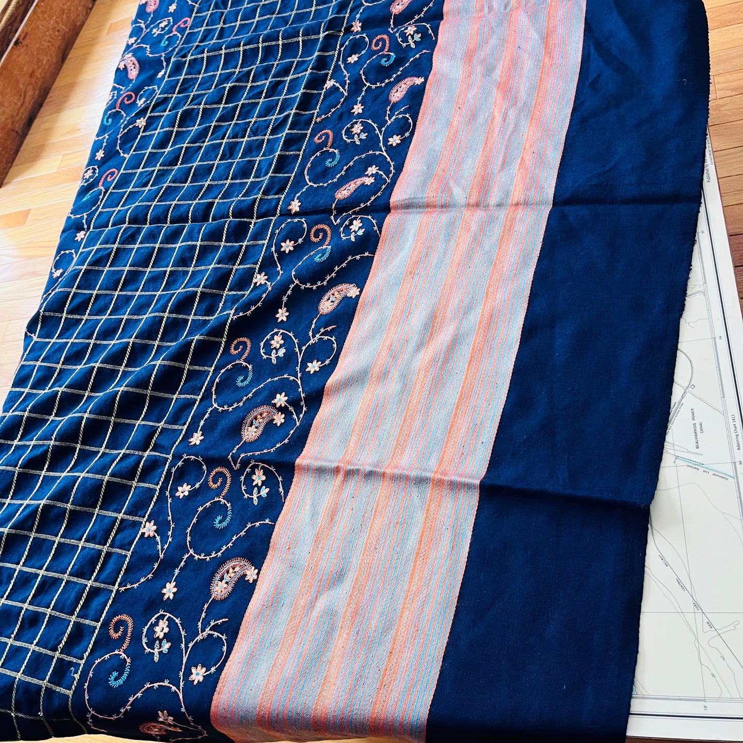 Navy, Gold and Orange Floral Embroidered Saree
