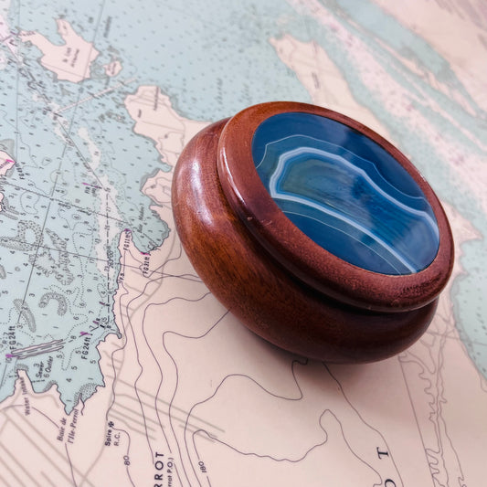 Blue Agate Slice Wood Turned Trinket Box