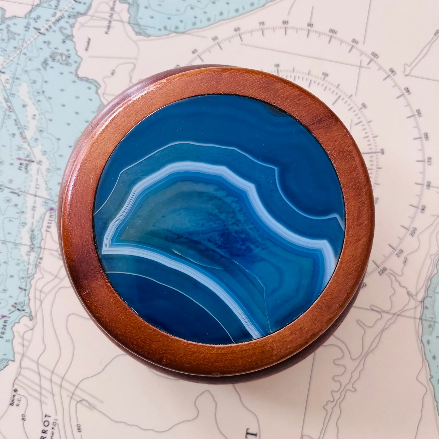 Blue Agate Slice Wood Turned Trinket Box