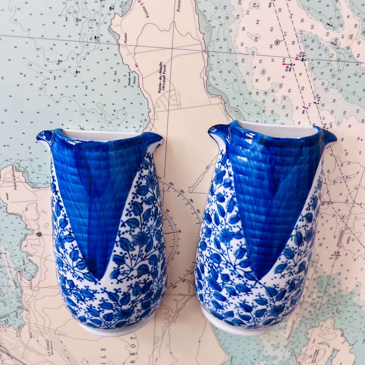 Vintage Blue & White Ceramic Transferware Wall Vases