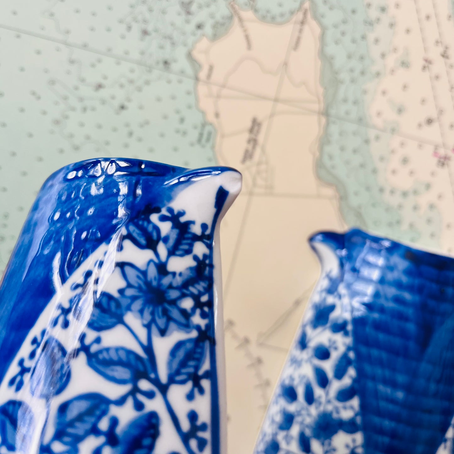 Vintage Blue & White Ceramic Transferware Wall Vases