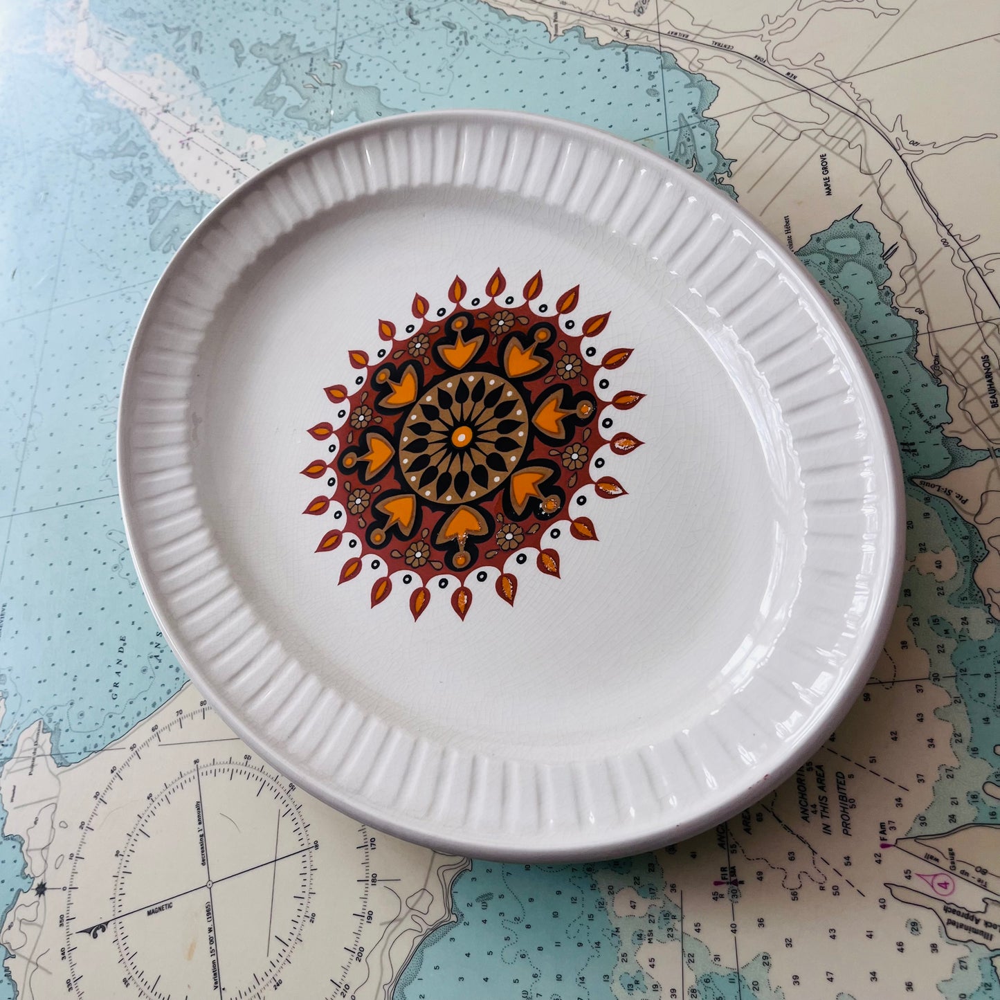 Vintage 70s Staffordshire England Ceramic Platter with Sun Design