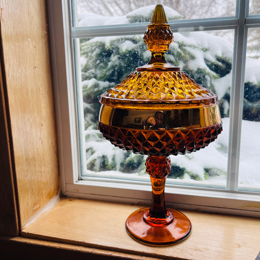 Vintage Amber Diamond Point Glass Candy Dish with Gold Stripe