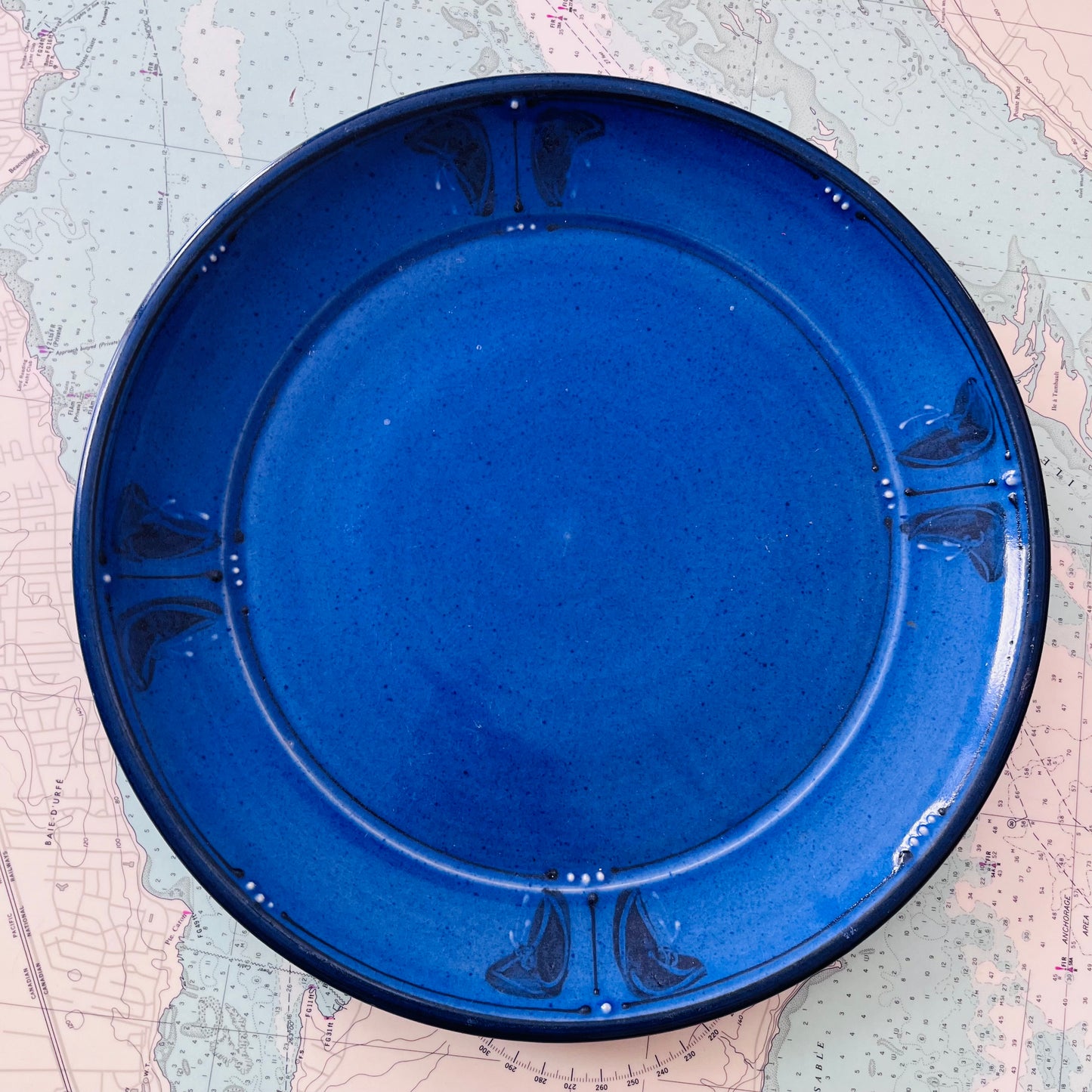 Handmade Cobalt Blue Stoneware Platter with Butterflies