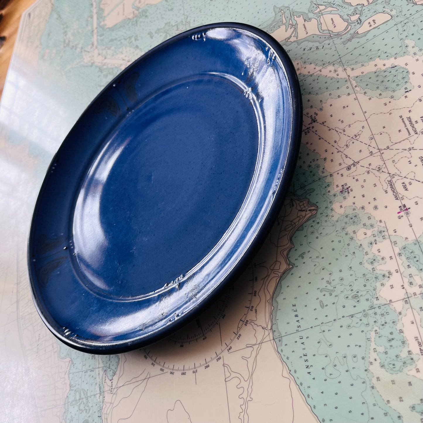 Handmade Cobalt Blue Stoneware Platter with Butterflies