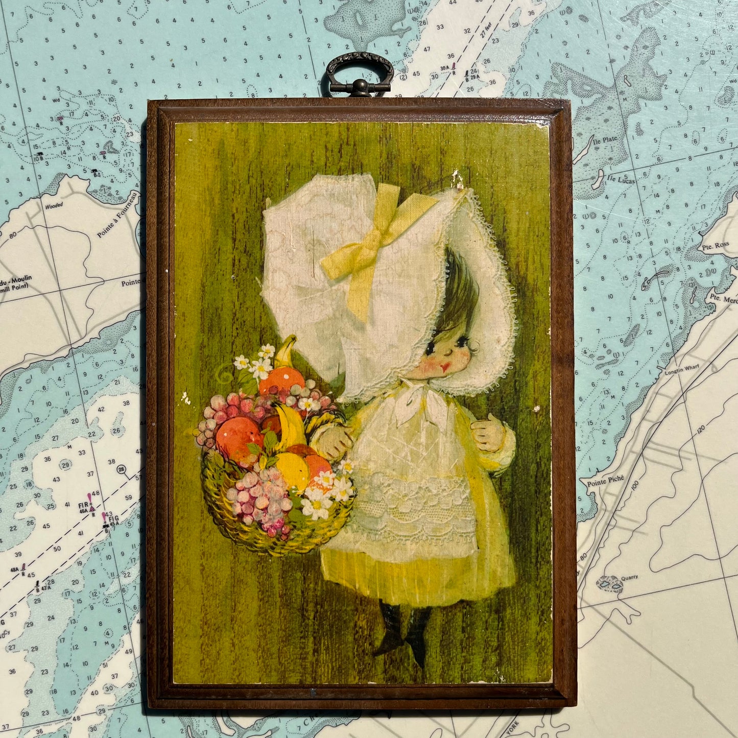 Vintage Kitschy Girl with Fruit Basket Wall Plaque