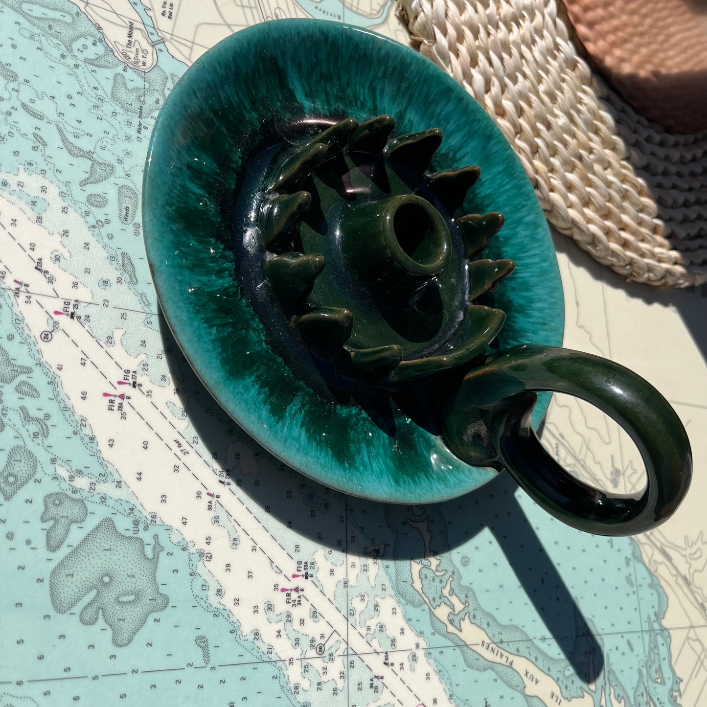 Vintage Evangeline Green Drip Pottery Tapered Candle Holder