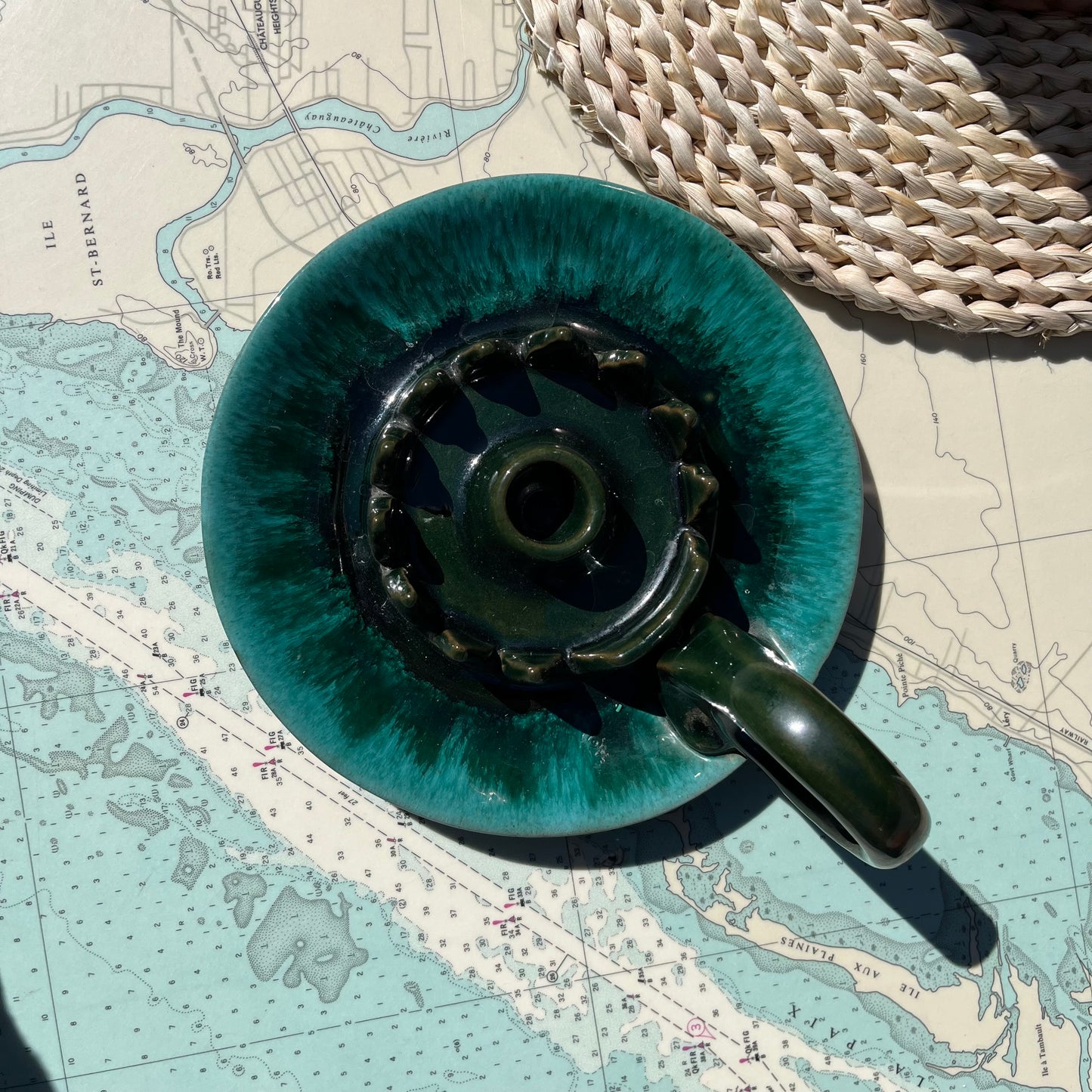 Vintage Evangeline Green Drip Pottery Tapered Candle Holder