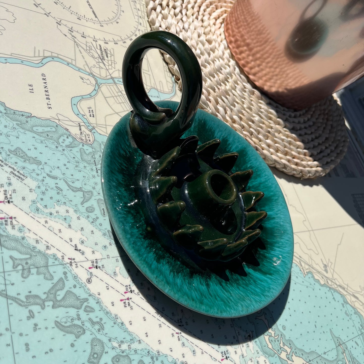 Vintage Evangeline Green Drip Pottery Tapered Candle Holder