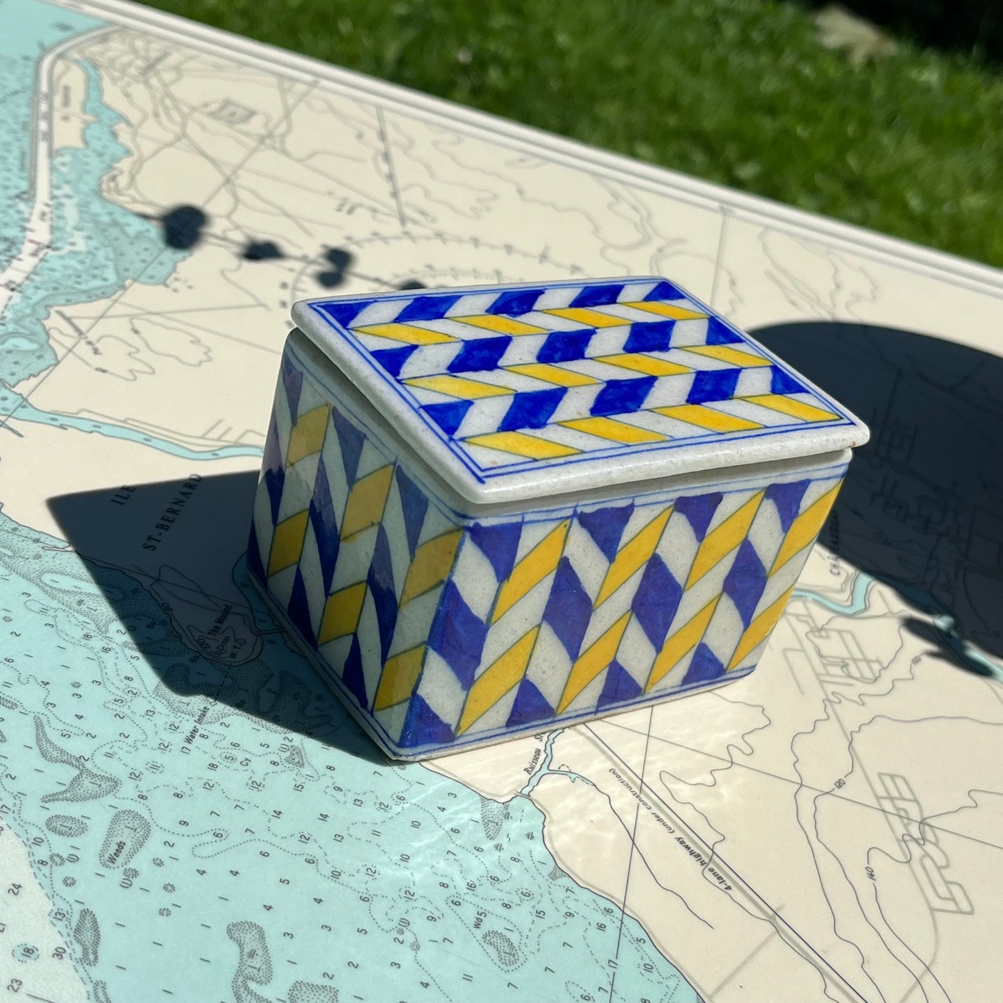 Vintage Ceramic Chevron Trinket Box with Lid