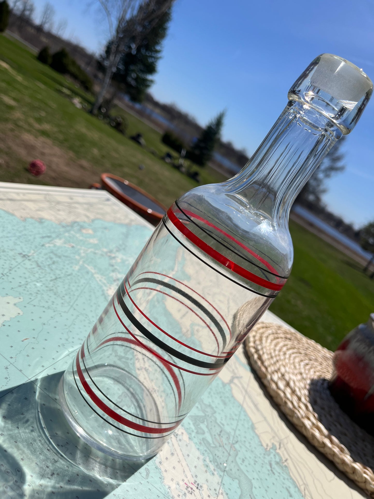 Vintage Black and Red Striped Glass Deco Bottle