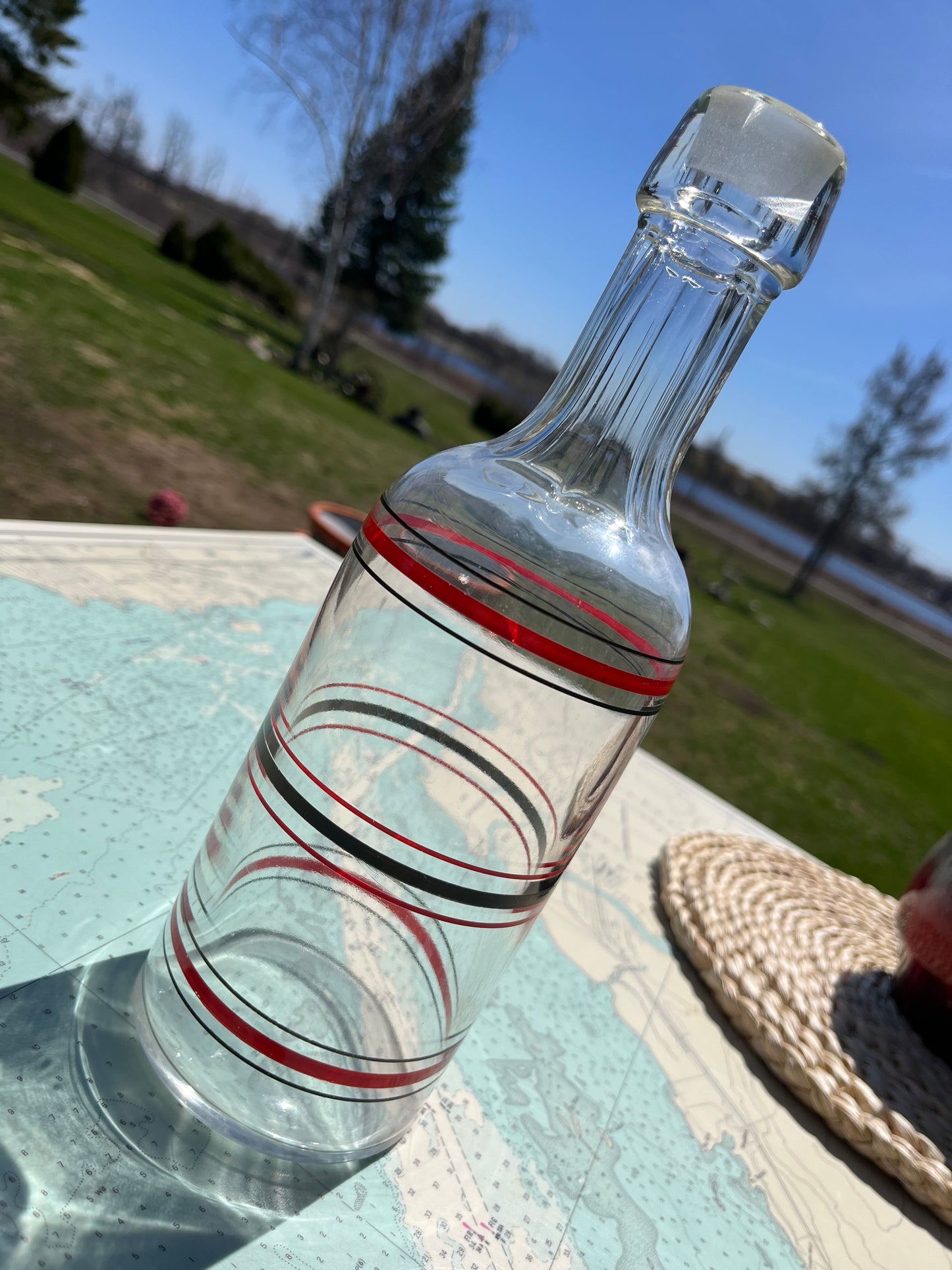 Vintage Black and Red Striped Glass Deco Bottle