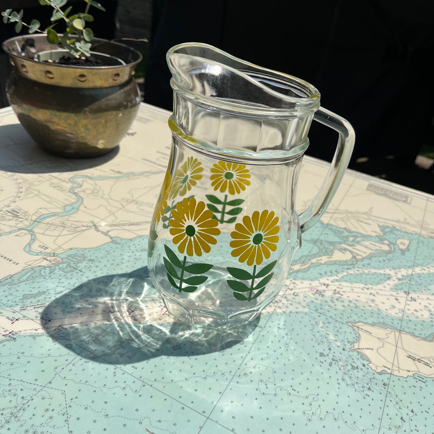 Vintage 60s Mod Yellow Daisy Printed Glass Pitcher