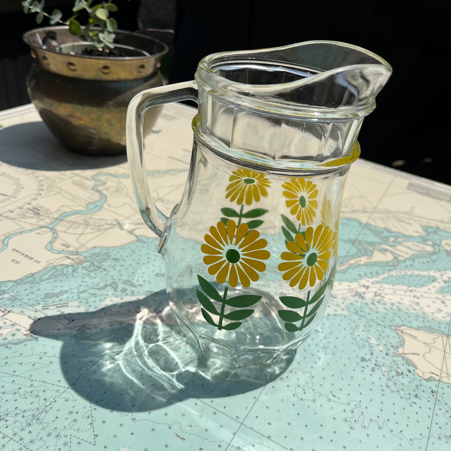 Vintage 60s Mod Yellow Daisy Printed Glass Pitcher