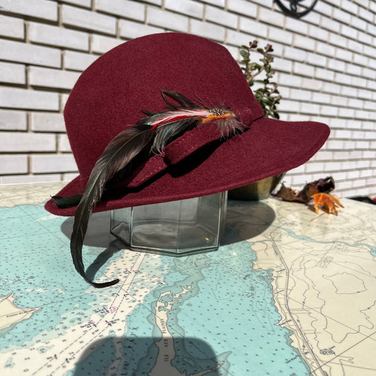 Vintage Burgundy Felt Bowlers Hat with Feathers